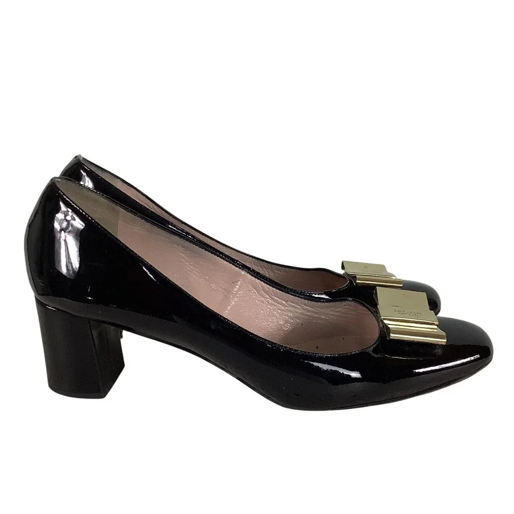 Kate Spade Black Patent Leather Bow Block Heel Pumps Made in Italy Size 9M